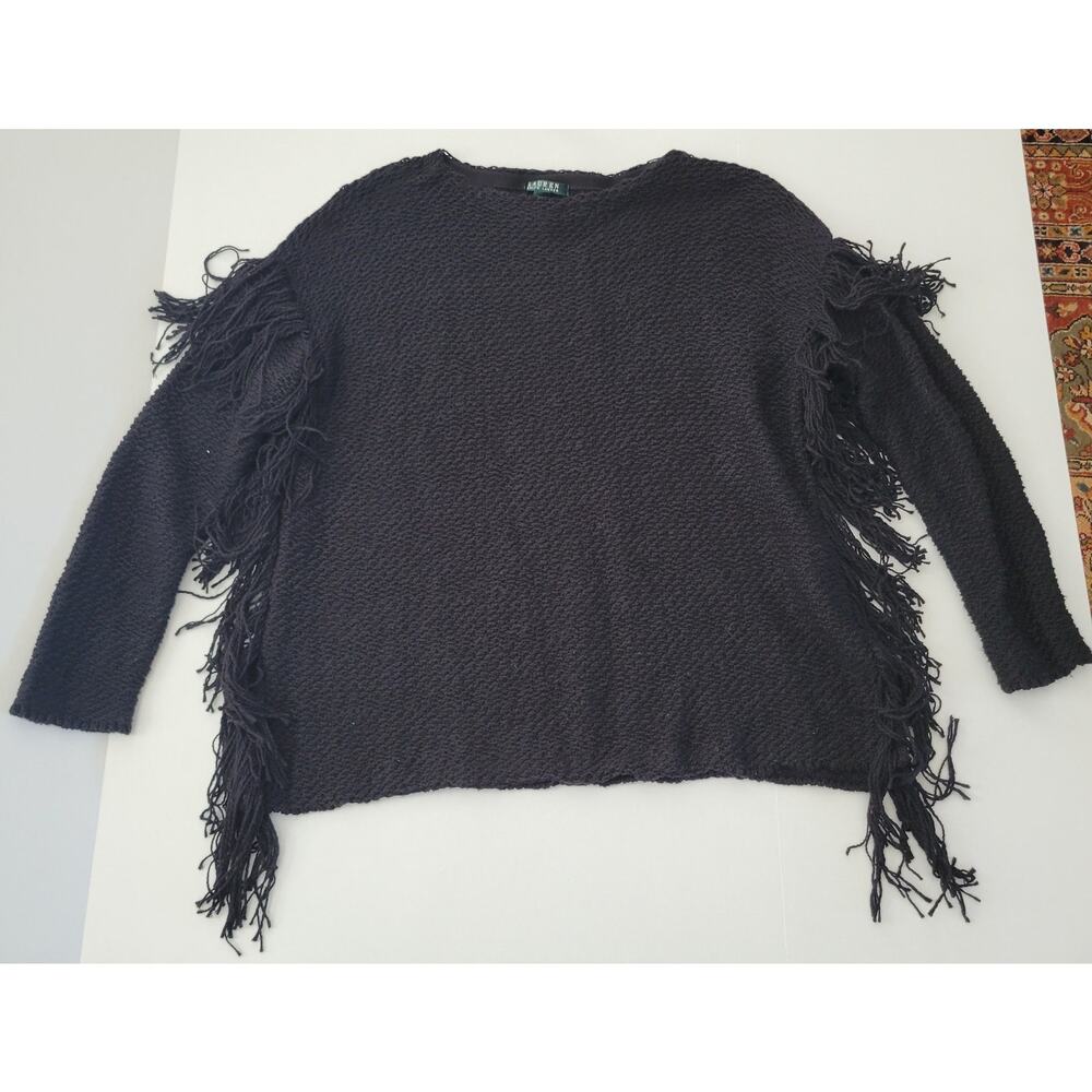 Lauren Ralph Lauren Black Long Dolman Sleeve Fringe Knit Boat Neck Sweater S/M - Picture 2 of 5